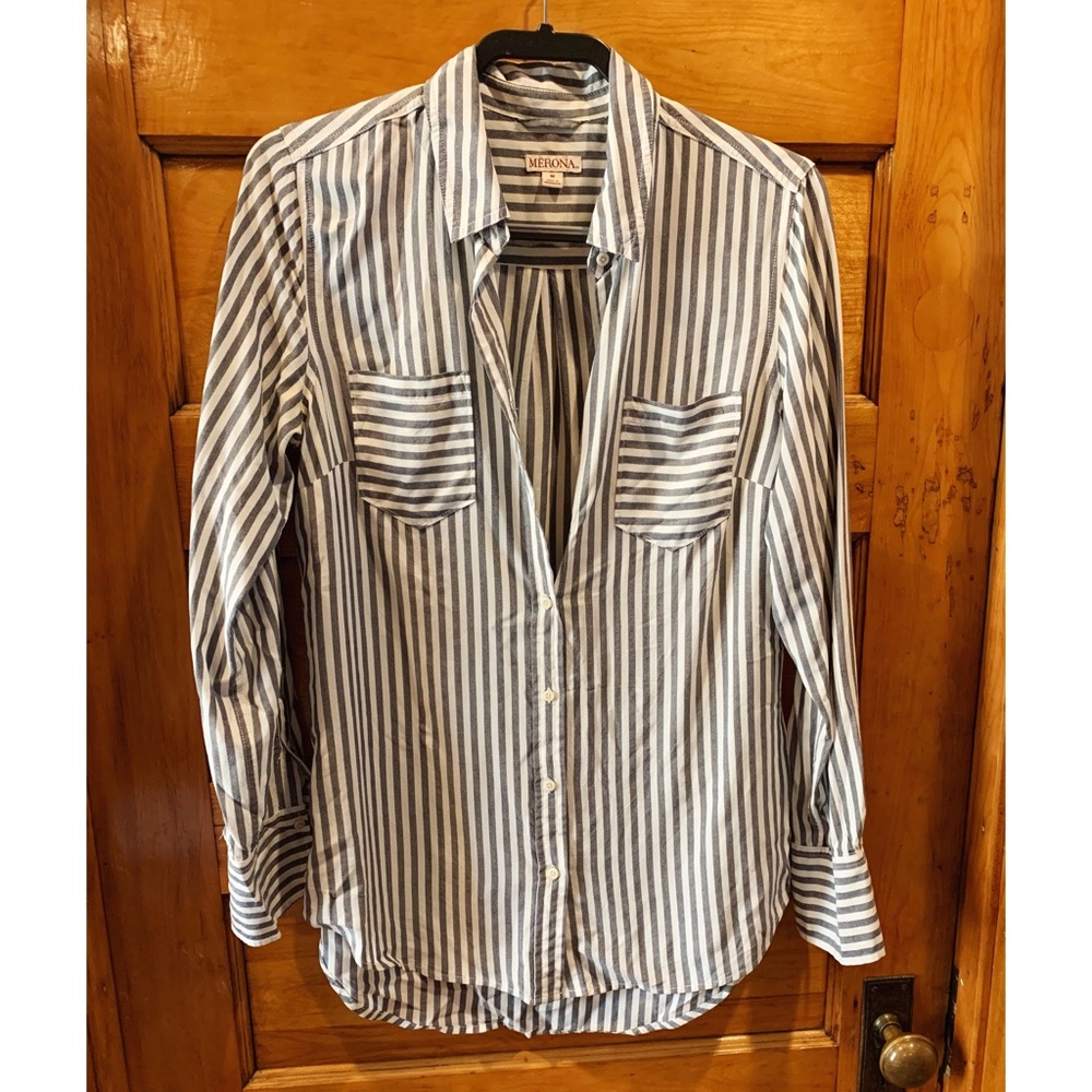 Blue and white striped button down shirt